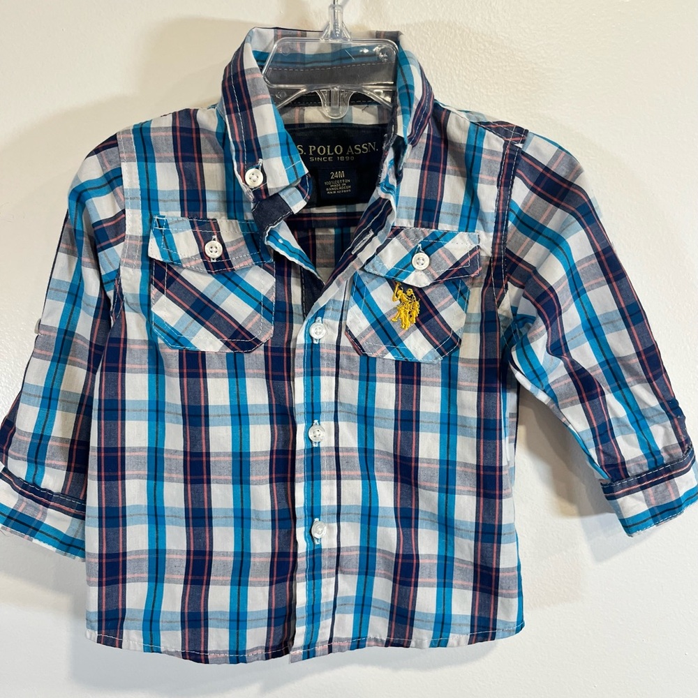 U.S. Polo Assn. Boys' Blue, White and Navy Plaid Button-Up Shirt